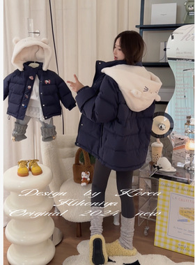 Spring韩国童装2024冬季新款可爱Kitty连帽羽藏青绒服韩版亲子款