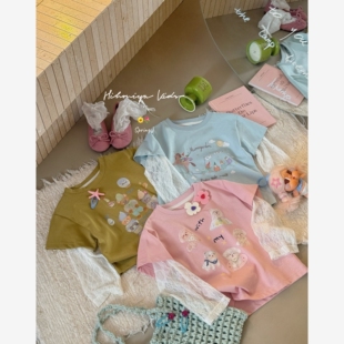 亲子卡通动物蕾丝假两件上衣女童T恤 新款 Spring韩国童装 2026夏季