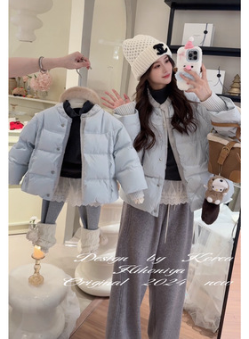 Spring韩国童装2024年冬季亲子蓝色假两件外套90白鸭绒女童羽绒服