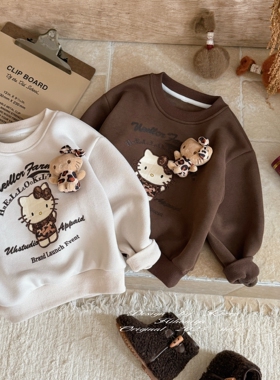 Spring韩国童装2025年秋冬新款亲子Kitty立体加绒卫衣女童加厚T恤