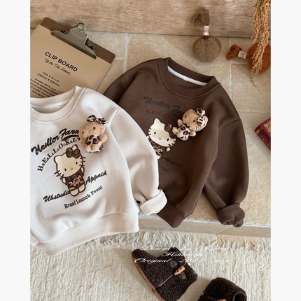 Spring韩国童装2025年秋冬新款亲子Kitty立体加绒卫衣女童加厚T恤