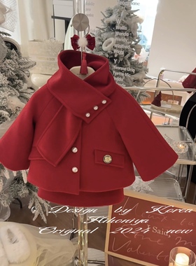 Spring韩国童装2024冬季宝宝洋气围脖红色韩版套装女童小香风套装