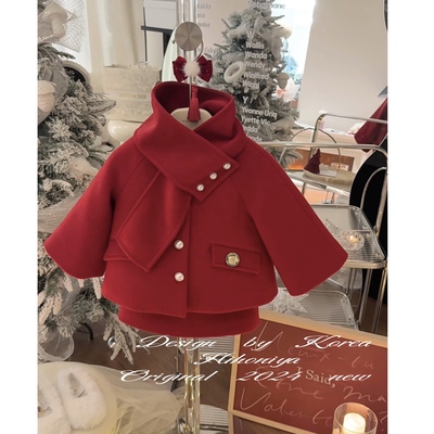 Spring韩国童装2024冬季宝宝洋气围脖红色韩版套装女童小香风套装