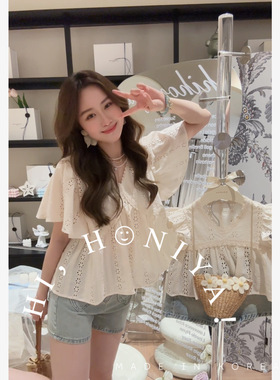 Spring韩国童装2025夏季新款白色显瘦法式设计感镂空上衣亲子款