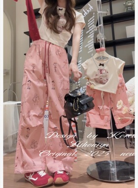 Spring韩国童装2025年夏季新款亲子手绘涂鸦宽松工装裤女童休闲裤