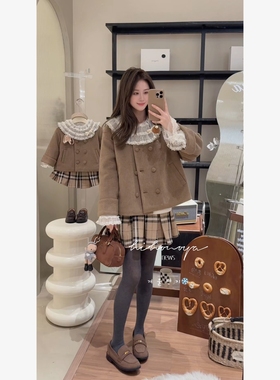 Spring韩国童装2025年冬季新款亲子复古毛呢夹棉外套女童保暖衣服