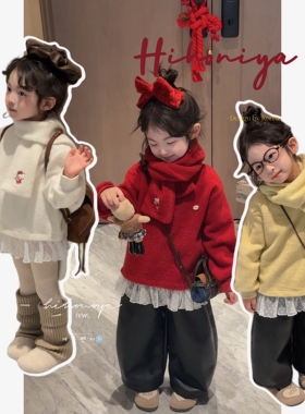 Spring韩国童装2026冬季新款亲子凯蒂慵懒围巾羊羔毛卫衣女童T恤