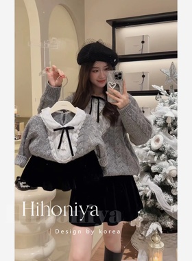 Spring韩国童装 蕾丝领麻花韩版套头亲子毛衣宝宝圆领灰色内搭