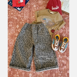 Spring韩国童装2025年秋季新款亲子豹纹洋气阔腿裤女童直筒休闲裤