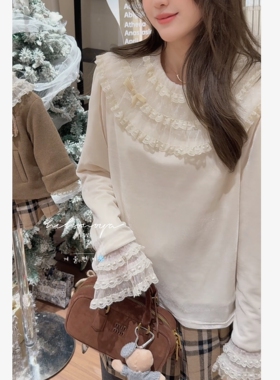 Spring韩国童装2025冬季新款亲子法式甜美蕾丝磨毛打底衫女童上衣