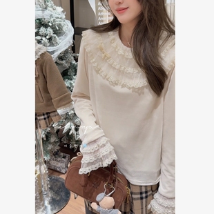 Spring韩国童装2025冬季新款亲子法式甜美蕾丝磨毛打底衫女童上衣