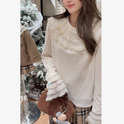 Spring韩国童装2025冬季新款亲子法式甜美蕾丝磨毛打底衫女童上衣