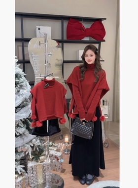 Spring韩国童装2025年冬季新款亲子毛球真两件斗篷毛衣女童针织衫