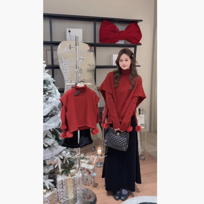 Spring韩国童装2025年冬季新款亲子毛球真两件斗篷毛衣女童针织衫