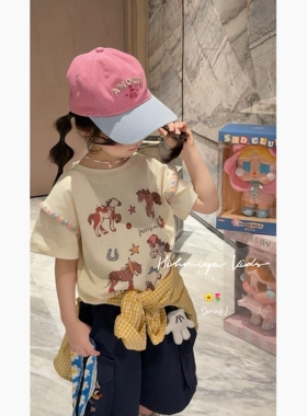 Spring韩国童装2026年春夏新款亲子彩砂小马印花圆领短袖女童T恤