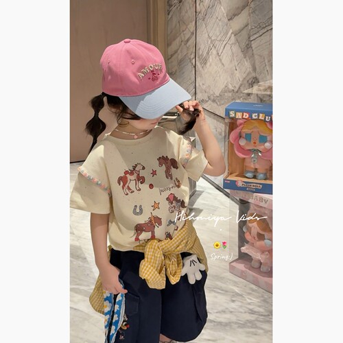 Spring韩国童装2026年春夏新款亲子彩砂小马印花圆领短袖女童T恤