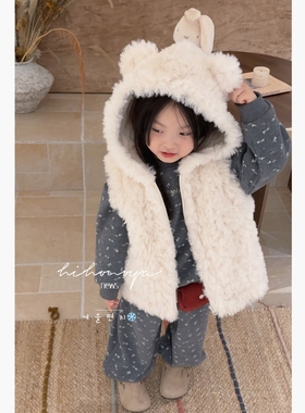Spring韩国童装2025冬季新款亲子可爱小熊羊羔毛马甲女童连帽坎肩