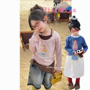 Spring韩国童装2026夏季新款宝宝卡通假两件上衣女童圆领长袖卫衣