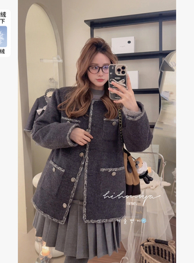 Spring韩国童装2025冬季新款亲子小香风毛呢90羽绒服女童保暖外套