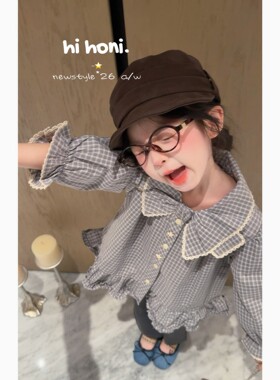 Spring韩国童装2026年秋季新款宝宝蝴蝶结领衬衣女童格纹木耳衬衫