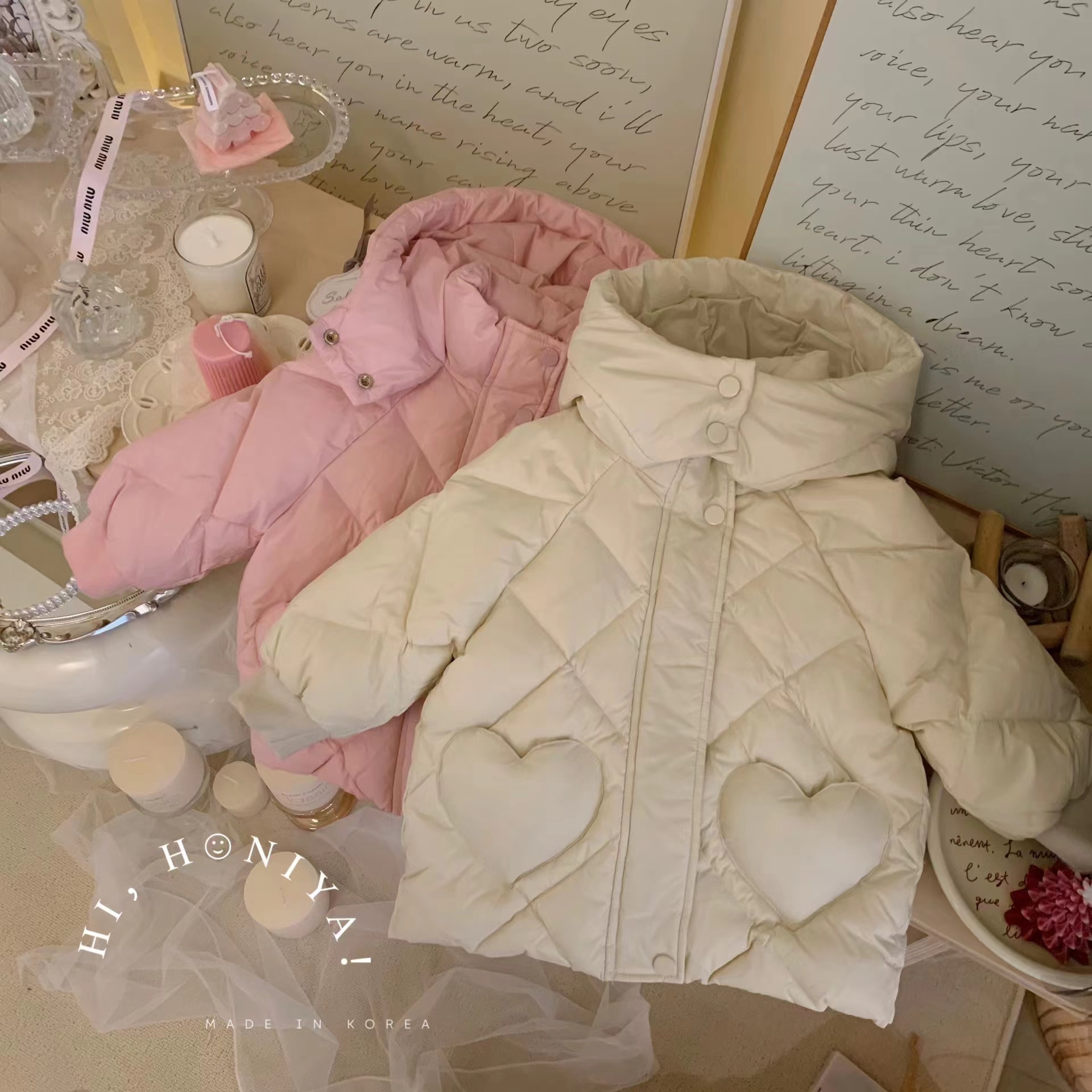 Spring韩国童装爱心口袋菱格纹纯色儿童羽绒服宝宝秋冬中长款外套