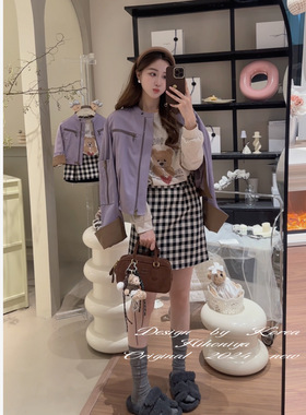 Spring韩国童装2025秋季新款时尚设计感紫色拼皮外套韩版亲子款