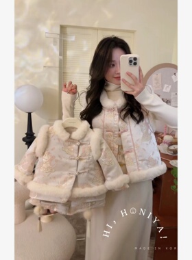 Spring韩国童装儿童小兔子国风盘扣亲子套装秋冬古风妈妈马甲外套