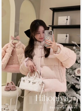 Spring韩国童装 新国标90白鸭绒粉色盘扣亲子羽绒服宝宝短款外套