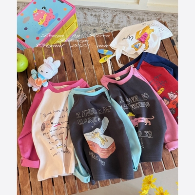 Spring韩国童装2025秋季新款亲子插肩袖小狗长袖T恤女童圆领卫衣