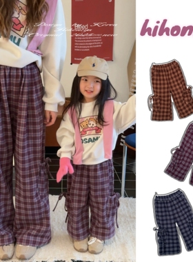 Spring韩国童装2025年秋季新款亲子格子撞色绑带阔腿裤女童休闲裤