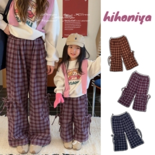 女童休闲裤 Spring韩国童装 亲子格子撞色绑带阔腿裤 新款 2025年秋季