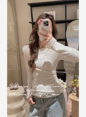 Spring韩国童装2025春夏季新款亲子显瘦花边打底上衣女童长袖T恤