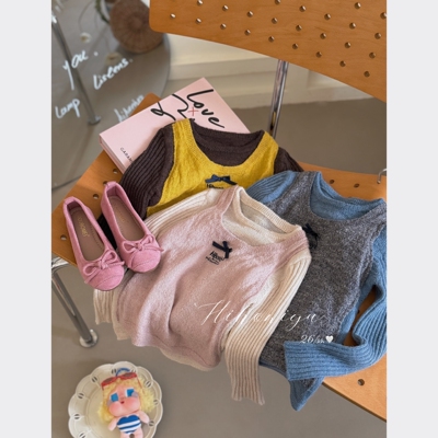 Spring韩国童装2026年春季新款亲子撞色假两件显瘦针织衫女童毛衣