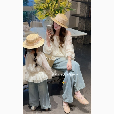 Spring韩国童装2026夏季新款亲子法式温柔天丝提花娃娃衫女童T恤