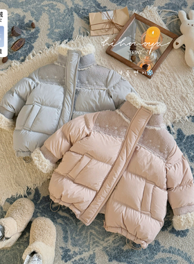 Spring韩国童装2025年冬季新款亲子立领羊羔毛拼接羽绒服女童外套