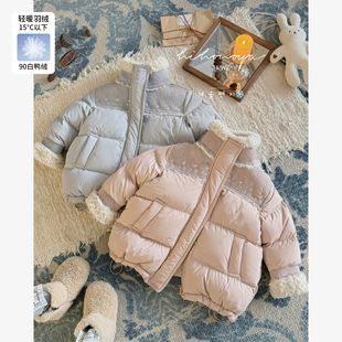 Spring韩国童装2025年冬季新款亲子立领羊羔毛拼接羽绒服女童外套