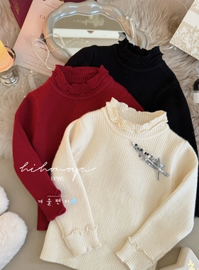 Spring韩国童装2025冬季新款宝宝中高领木耳边圆领打底女童针织衫