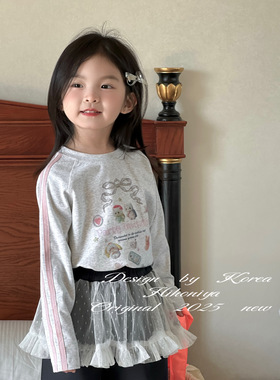 Spring韩国童装2025春夏季新款亲子卡通印花长袖T恤女童圆领卫衣