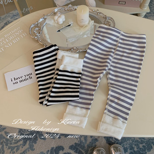 Spring韩国童装2025秋季新款舒适百搭条纹拼接韩版打底裤宝宝款