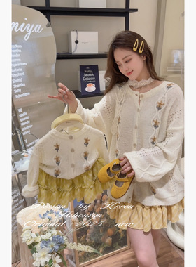 Spring韩国童装2025年春夏新款亲子圆领手工钩花针织开衫女童毛衣