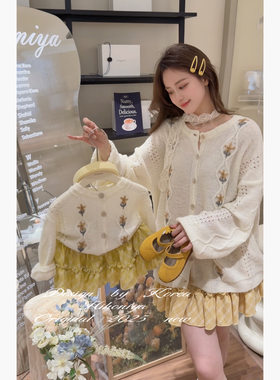 Spring韩国童装2025年春夏新款亲子圆领手工钩花针织开衫女童毛衣