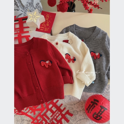 Spring韩国童装2025冬季新款亲子新年小马软糯开衫毛衣女童针织衫
