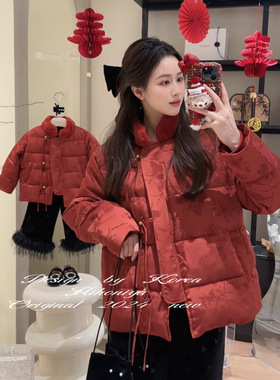 Spring韩国童装2024冬季亲子款中式盘扣红色国风棉服女童保暖外套