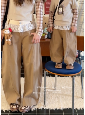 Spring韩国童装2025秋季新款亲子蕾丝拼接卡其长裤女童直筒休闲裤