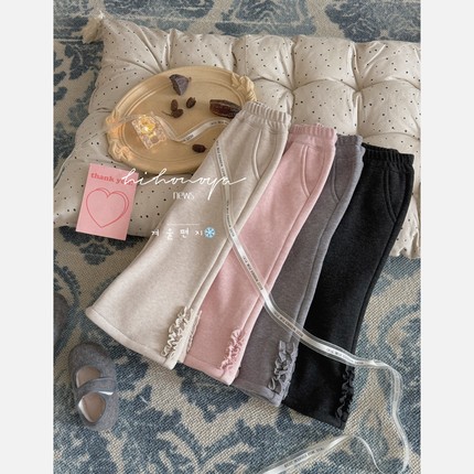 Spring韩国童装2025年冬季新款亲子捏褶加绒喇叭裤女童保暖休闲裤