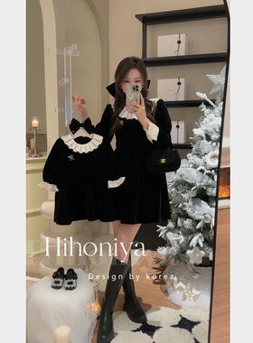 Spring韩国童装 花边领撞色黑色加绒亲子连衣裙儿童丝绒公主裙