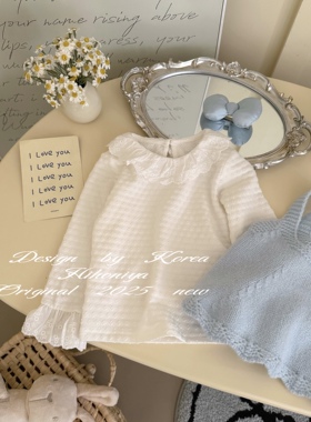 Spring韩国童装2025春季新款宝宝花边领韩版上衣女童蕾丝袖打底衫