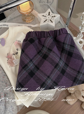 Spring韩国童装2024秋冬新款百搭紫色格子韩版加绒短裙韩版亲子款