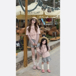 假两件上衣女童T恤 亲子烫钻网纱袖 Spring韩国童装 2026年春夏新款