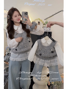 Spring韩国童装2025春季亲子款重工钉花毛衣韩版马甲女童无袖毛衫
